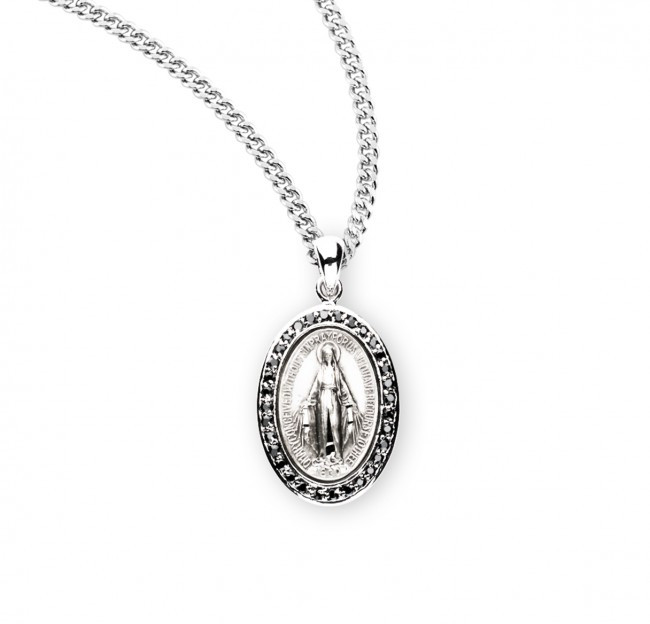 Sterling Silver Cubic Zirconia Miraculous Medal Pendant & 18