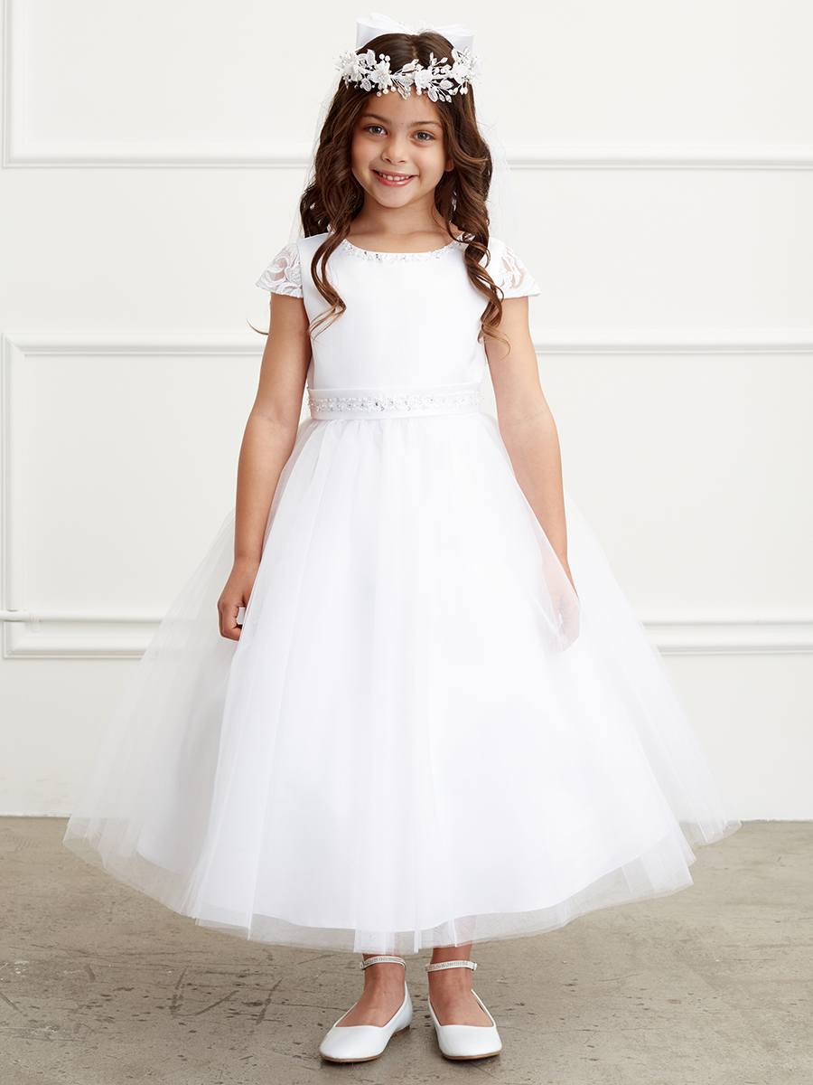 Communion Dress - Lace Cap Sleeved with Satin Bodice and Beaded Neckline - St. Jude Shop, Inc. Communion Dress - Lace Cap Sleeved with Satin Bodice and Beaded Neckline - St. Jude Shop, Inc.