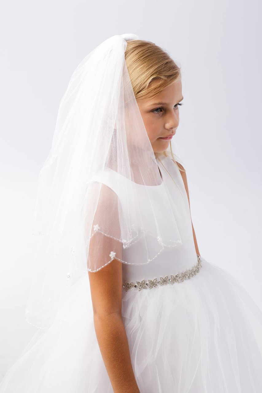 Flower Beaded Sequin Scallop Edge Veil Communion Veil - Beaded Scallop Edge with Sequin Flowers  main image 3
