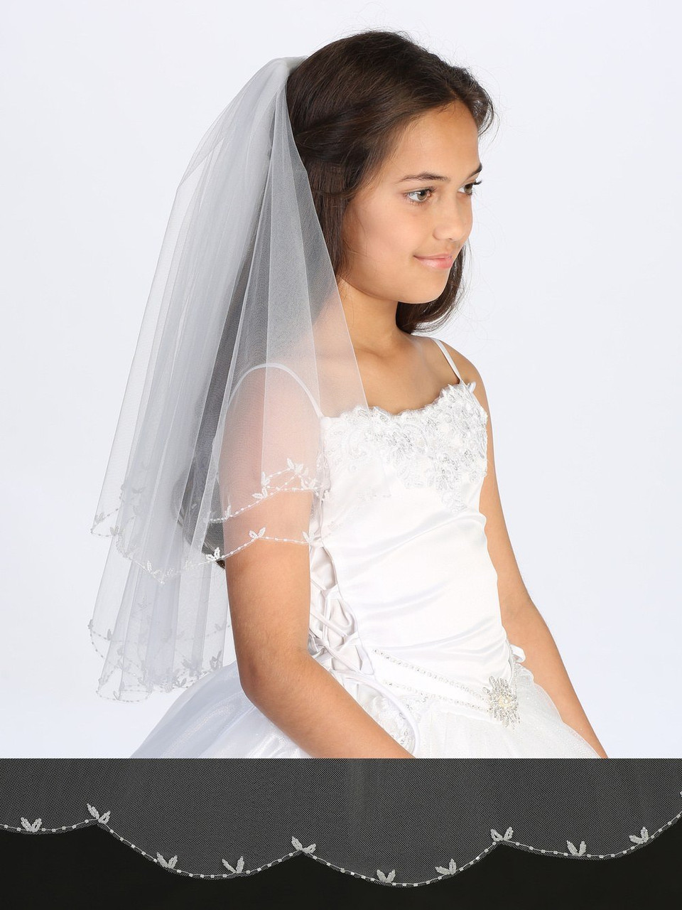 Communion Veil - Beaded Scallop Edge with Sequin Flowers 