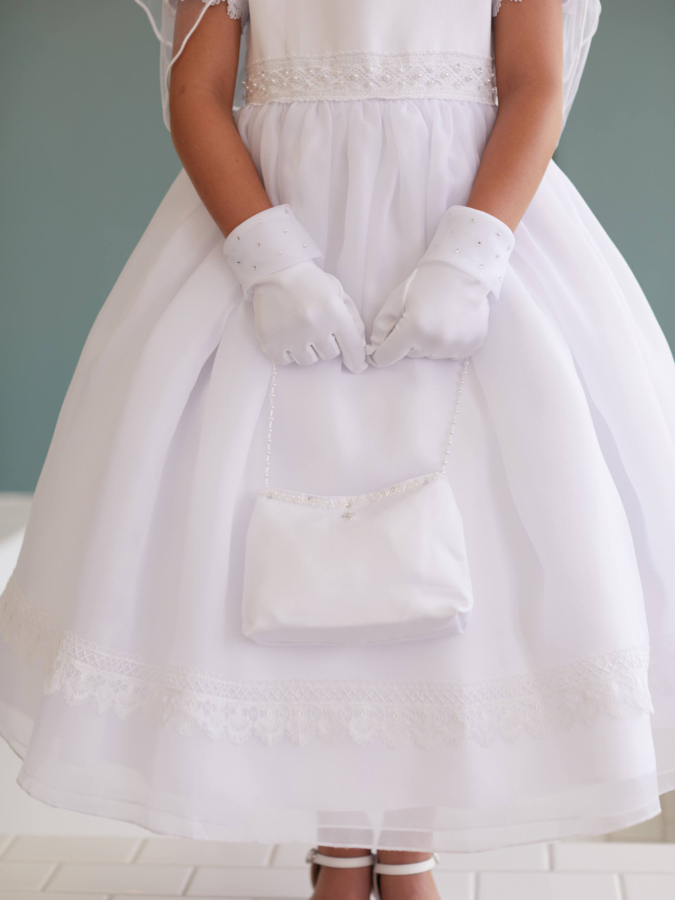 Elegant Diamond White communion Dress with Satin Bow Elenor main image 1