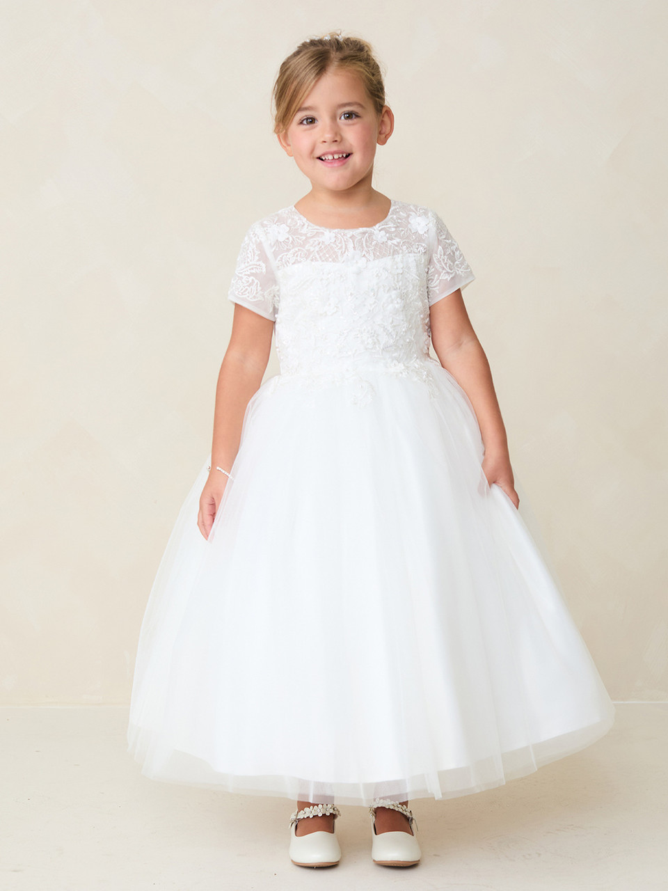 lace cap sleeve communion dress Joan Calabrese Beaded Lace Short Sleeve Communion Dress 120356