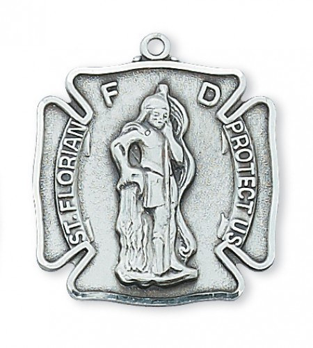 Men’s Silver Saint Florian Medal Necklace – Firefighter Patron Shield, 1", Gift Box