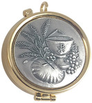 24K Gold-Plated Pyx with Pewter Chalice, Wheat & Grapes Emblem