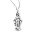 Sterling Silver Our Lady of Grace double sided medal-pendant. OL of Grace pendant comes on a 18" genuine rhodium plated curb chain. Dimensions: 1.0" x 0.7"(26mm x 18mm).  Solid .925 sterling silver.  Made in USA.