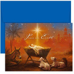 Baby Jesus "PEACE ON EARTH" Christmas card featuring four color printing. Inside Sentiment: "FOR UNTO YOU IS BORN THIS DAY IN THE CITY OF DAVID A SAVIOUR, WHICH IS CHRIST THE LORD; LUKE 2:11 MAY PEACE FILL YOUR HEART AT CHRISTMAS AND ALWAYS.." 18 cards/18 envelopes. Folded Card Size: 7.875" x 5.625". Packaged in a box with an acetate lid. Baby Jesus "PEACE ON EARTH" Christmas card featuring four color printing. Inside Sentiment: "FOR UNTO YOU IS BORN THIS DAY IN THE CITY OF DAVID A SAVIOUR, WHICH IS CHRIST THE LORD; LUKE 2:11 MAY PEACE FILL YOUR HEART AT CHRISTMAS AND ALWAYS.." 18 cards/18 envelopes. Folded Card Size: 7.875" x 5.625". Packaged in a box with an acetate lid.