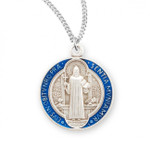 Sterling Silver St. Benedict Round Blue Enamel Medal - 18" Chain