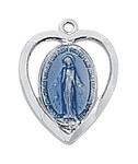 Sterling Silver Blue Enameled Miraculous Heart Pendant - 18" Chain