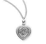 Sterling Silver Heart-Shaped Miraculous Medal with Cubic Zirconia - 18" Chain