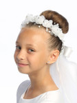 Communion Headpiece - Veil with Organza Flowers Rhinestones and Pearls 