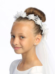 Communion Headpiece - Veil with Satin Rose Flowers and Rhinestones
