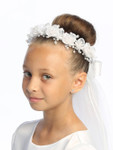 Communion Headpiece - Veil with Organza Flowers, Rhinestones and Pearl Acents 
