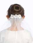 Communion Headpiece - Veil with Satin Flowers with Rhinestones and Pearls