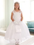 Communion Dress - Illusion Style Neckline with Lace Applique and Rhinestones