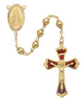 Rosary - Gold Beads with Divine Mercy Centerpiece with Red Enameled Crucifix