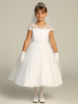 Communion Dress - Illusion Cap Sleeve with Embroidered Tulle Bodice 