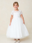 Communion Dress - Illusion Cap Sleeve Lace Bodice with Tulle Skirt 