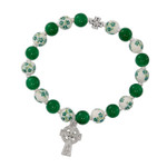 Green Shamrock Stretch Bracelet with Celtic Cross Charm 