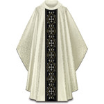 Ecru Duomo Damask Chasuble with Black Velvet Gold Cross Orphrey