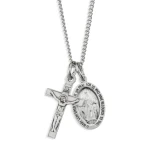 Sterling Silver Miraculous Medal with Small Crucifix Pendant - 18" Chain