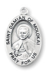 Patron Saint of lepers, outcasts, HIV/AIDs victims ~ Sterling silver oval medal with a 18" genuine rhodium plated curb chain. Dimensions: 0.9" x 0.6" (22mm x 14mm). Weight of medal: 1.9 Grams. Medal comes in a deluxe velour gift box. Engraving option available. Made in the USA
19th century priest who ministered to lepers on the Hawaiian island of Molokai. Canonized by Pope Benedict XVI on October 11, 2009, Saint Damian, Jozef De Veuster was born in Belgium and became a Roman Catholic priest of the missionary religious order, the Sacred Hearts of Jesus and Mary. He became recognized for his ministry to people with leprosy (Hansen's disease), who had been placed under a government-sanctioned medical quarantine on the island of Molokai in then Kingdom of Hawaii.
After sixteen years caring for the physical, spiritual and emotional needs of those in the leper colony, he eventually contracted and died of the disease, and is widely considered a "martyr of charity". He is the ninth person recognized as a saint by the Catholic Church to have lived, worked, and died in what is now the United States. The Congregation of the Sacred Hearts of Jesus and Mary