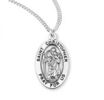 Sterling silver oval medal with a 20" genuine rhodium plated curb chain. Dimensions: 0.9" x 0.6" (22mm x 14mm). Weight of medal: 1.9 Grams. Medal comes in a deluxe velour gift box.  Made in the USA