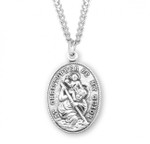 1 5/16" St. Christopher Medal with 24" Chain. Medal is .925 sterling silver with a 24" Genuine rhodium plated endless curb chain. Medal comes in a deluxe velour gift box. Made in the USA. Engraving option available