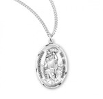 1 3/8" St. Christopher Medal with 24" Chain. "St Christopher Be My Guide" etched around the medal. Medal is .925 sterling silver with a genuine rhodium-plated, 24"stainless steel chain. St Christopher medal comes in a deluxe velour gift box. Made in the USA