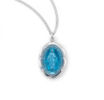 Sterling Silver Blue Enamel Oval Scalloped Edge Miraculous Medal - 18" Chain