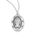 Sterling Silver Oval Scalloped Edge Miraculous Medal - 18" Chain