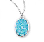 Sterling Silver Blue Enamel Oval Scalloped Edge Miraculous Medal - 18" Chain
