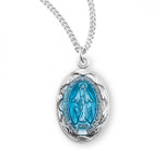 Sterling Silver Scalloped Blue Enamel Oval Miraculous Medal - 18" Chain