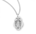 Sterling Silver Miraculous Medal with Scrolled Flower Border - 18" Chain