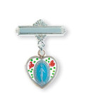 Sterling Silver Blue Enameled Heart Shaped Miraculous Medal Bar Pin