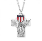 Sterling Silver Military Shield Miraculous Medal with Cross Pendant - 24" Chain 