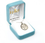 7/8" Round St. Apollonia Sterling silver with a 20" genuine rhodium plated curb chain. Medal comes in a deluxe velour gift box. Engraving option available. Made in the USA