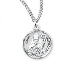 Solid .925 sterling silver Saint Nicholas round medal-pendant. Saint Nicholas is the Patron Saint of bakers, captives, children, merchants, and pawnbrokers.  A 20" Genuine rhodium plated curb chain and a deluxe velvet gift box are included. Made in the USA. Engraving Available.