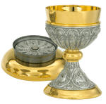 Two-Tone Apostles Motif Chalice & Bowl Paten and Matching Ciborium
