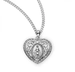 Sterling Silver Heart Miraculous Medal with Cubic Zirconia - 18" Chain