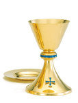 24K Gold-Plate Chalice & Scale Paten and Matching Ciborium - Lapis Blue Node & Cross 
