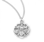Solid .925 sterling silver  Four-way combination Medal ~ Miraculous-Scapular-Saint Christopher-Saint Joseph medal.  An 18" rhodium plated curb chain is included with a deluxe velour gift box. Dimensions: 0.8" x 0.6" (19mm x 16mm). Made in the USA.