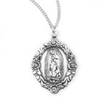 Sterling Silver Floral Oval Our Lady of Guadalupe Medal - 18" Chain