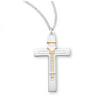 Sterling Silver Large Two-Tone Rosary Bead Cross Pendant - 18" Chain