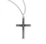 Sterling Silver Black Enameled Leaf Design Cross Pendant - 18" Chain