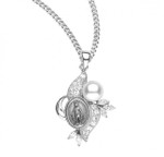 Sterling Silver Miraculous Medal with Crystal Cubic Zirconia and Pearl Pendant - 18" Chain