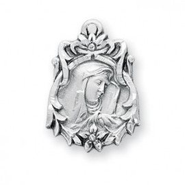 13/16" Round Sterling Silver Our Lady of Sorrows Medal on an 18" genuine rhodium plated chain. Deluxe gift box included. 