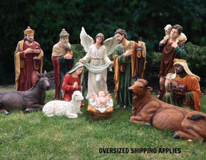 This over sized indoor and outdoor nativity set is the perfect addition to your church's Christmas decorations. The 39" set comes with 12 pieces that are made with a resin and fiberglass mix and hand painted with outdoor paint. 