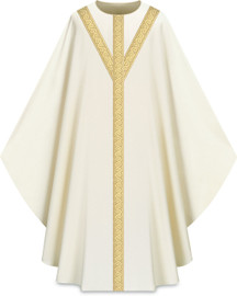 This chasuble features  orphreys on front and back. It comes in Purple, Green Red and Ecru. It is made from Elias fabric and is part of the Assisi series. Elias fabric is 100% polyester and is lightweight and durable.  The Chasubles measure 53"L x 63"W;. The chasuble has a plain collar and does come with an inside stole. Care instructions: Wash in warm suds, rinse well, do not wring. Hang wet to dry, no ironing needed. Please supply your Intitution’s Federal ID # as to avoid an import tax. Please allow 3-4 weeks for delivery if item is not in stock as it is shipped from overseas.