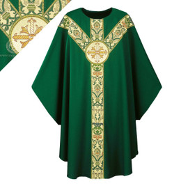 Chasuble made of dark green Dupion, a knotted yarn dyed fabric of 70% man-made fibers and 30% viscose of 70% man-made fibers and 30% viscose, adorned with a beautiful hand embroidered Cross emblem on a St. Andrew's Cross orphrey in green Regina, a multicolored brocade on front and back. Plain "0" neck finish. Gothic Cut. Standard length is 53".