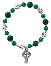 Celtic Cross Stretch Bracelet.  Different size Green marbelized beads with silver oxidised components. 